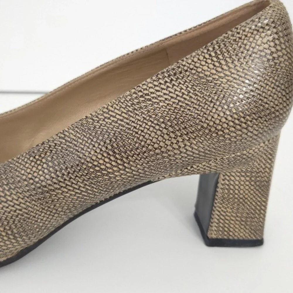 Stuart Weitzman Beige Snakeskin Print‎ Square Toe Block Pump Heels- Size 8